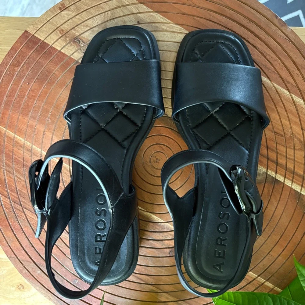 Aerosoles Dorian Black Platform Block Heel Sandals Square Toe Womens 7.5M